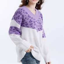 Women Cute Plus Size Sweaters Casual Leopard Print Comfy Warm Long Sleeve Pullover Basic Knitwear