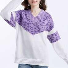 Women Cute Plus Size Sweaters Casual Leopard Print Comfy Warm Long Sleeve Pullover Basic Knitwear