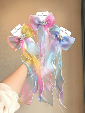 1 件韩国儿童发夹，网状蝴蝶结冰冷公主风格发饰，带长丝带，可爱儿童发夹，适合婚礼/日常使用（无纸板）