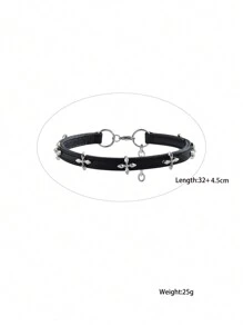 1pc Titanium Steel Non-Fading Double Layer Silver Rose Flower Choker Leather Necklace, High-End Neck Ring For Women