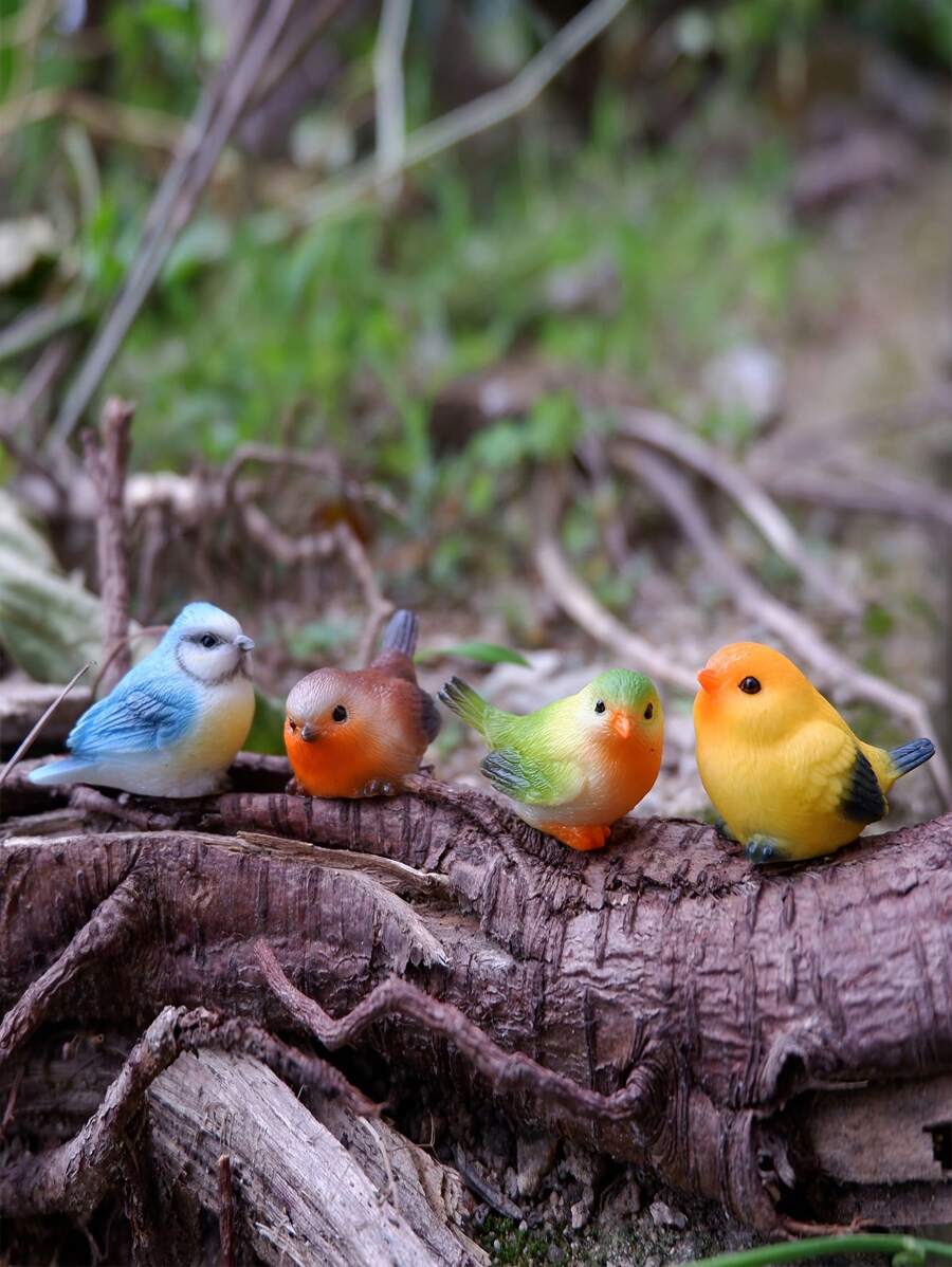 4pcs Hand-Painted Resin Bird Statue Set, Realistic Animal Miniature Landscape Accessories, Suitable For Bonsai, Rockery, Moss And Jars, Cartoon Gardening Decoration, Suitable For Indoor And Outdoor, Garden, Courtyard, Lawn Decoration, Room Desktop Entertainment Small Decorations, No Power Supply Required