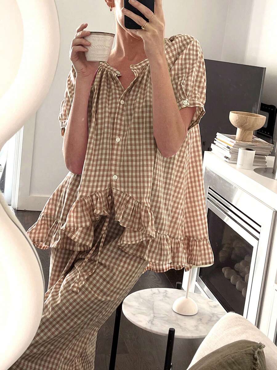 Women's Y2k Summer 2 Piece Pajamas Set Short Sleeve Plaid Print Button Up Shirt And Ruffle Pants Set Sleepwear Loungewear