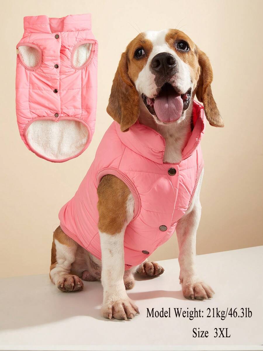 1pc Minimalist Solid Color Winter Thermal Lined Pet Jacket, Outdoor Windproof Coat For Large Dogs Like Golden Retriever - Pink - View 1