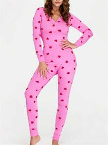 Holiday One Piece Pajamas For Women .Y Pink Heart Striped  Pajamas Cute Love Print Jumpsuit Sleepwear Romper - 粉色 - 查看 2