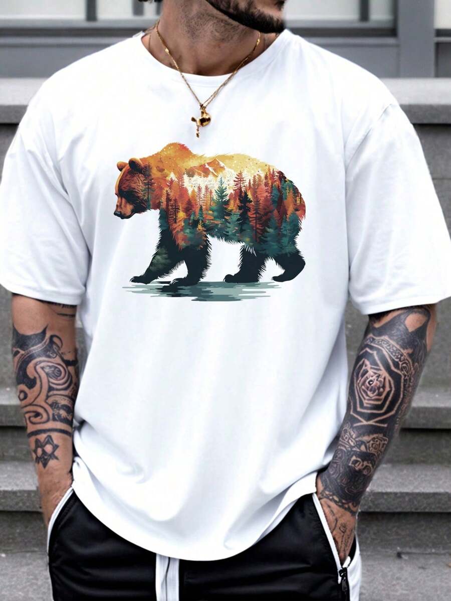 Men Simple Printed Round Neck Summer Short Sleeve T-Shirt