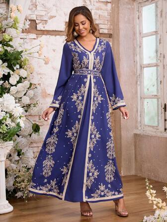 Muslimsk abaya med lång klänning och tryckt bälte för kvinnor, blygsam kaftan