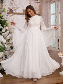 Women Wedding Dress Luxurious Fringed Lace Paneled Trumpet Sleeve Bohemian Style Bohemian Elegant Wedding Dress - White - View 3