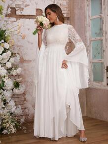 Women Wedding Dress Luxurious Fringed Lace Paneled Trumpet Sleeve Bohemian Style Bohemian Elegant Wedding Dress - White - View 6