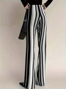 Striped Flare Leg Palazzo Pants For Women, Summer - Black and White - View 5