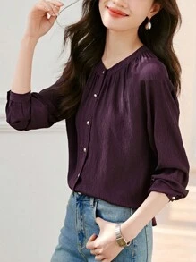 YUXIN Áo sơ mi cổ tròn họa tiết cổ điển dành cho nữ mùa xuân và mùa hè, thiết kế tay áo phồng ôm sát, thoải mái khi đi làm và mua sắm - Màu tím - Xem 4