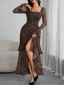 Women's Elegant Sexy Long Sleeve Y2K Romantic Ruffle Double Layer Long Sleeve Abstract Leopard Print Dress - Multicolor - View 7