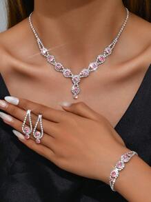 Conjunto de joyas de moda y lujo para mujeres - Collar, Aretes, Pulsera, Anillo - Plateado - Ver 13