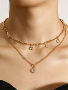 1 Dây chuyền đá Rhinestone 2 lớp, thời trang cho phụ nữ, thích hợp để đeo thường ngày, tiệc tùng và hàng ngày - Vàng - Xem 5
