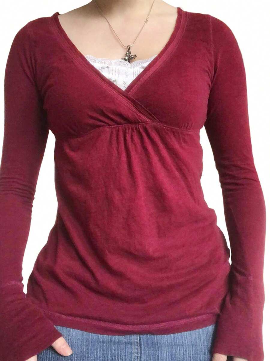 Women's Spring Slim Fit Tops Solid Color Long Sleeve Wrap V-Neck T-Shirt Streetwear - Đỏ - Xem 1