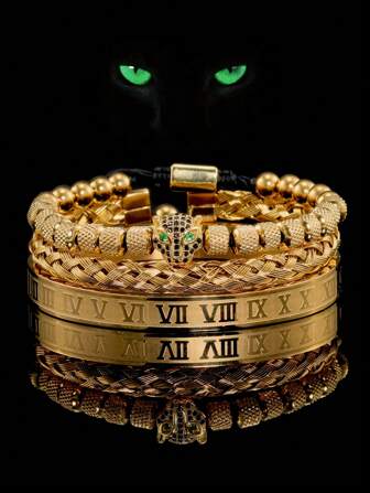 3st/set Lyxigt handgjort flätarmband Män Pave CZ Leopardhuvud Romersk siffra Armband Rostfritt stål Smycken  Man Affärsfritid Dagligt klädsel Far Pojkvän Födelsedagspresent