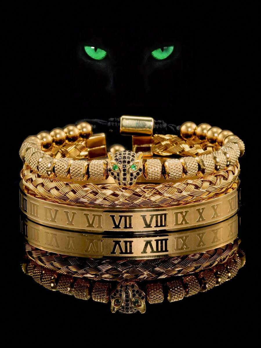 3 件/套奢华手工编织手链男士密镶 CZ 豹纹罗马数字腕带不锈钢珠宝自信男士商务休闲日常佩戴父亲男友生日礼物