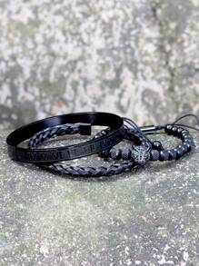 3 件/套奢华手工编织手链男士密镶 CZ 豹纹罗马数字腕带不锈钢珠宝自信男士商务休闲日常佩戴父亲男友生日礼物