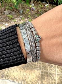3 件/套奢华手工编织手链男士密镶 CZ 豹纹罗马数字腕带不锈钢珠宝自信男士商务休闲日常佩戴父亲男友生日礼物