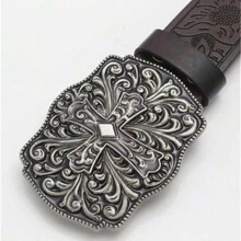 Cinturón vintage de estilo vaquero y occidental para hombre, con hebilla cuadrada grande y lisa de 3.7 cm de ancho con diseño de patrón de cruz