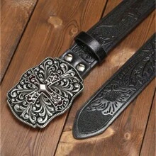 Cinturón vintage de estilo vaquero y occidental para hombre, con hebilla cuadrada grande y lisa de 3.7 cm de ancho con diseño de patrón de cruz