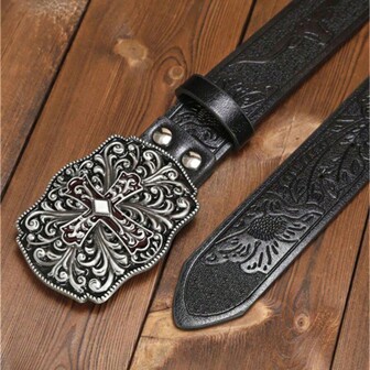 Cinturón de estilo vaquero occidental vintage para hombres, de 3,7 cm de ancho, con patrón de cruz, hebilla cuadrada robusta, hebilla grande y lisa, adecuado para uso casual, de negocios, novio, esposo, padre, regalo para hombres, uso diario, moda, adolescentes, al aire libre, vacaciones, atlético, viajes, bohemio, otoño vintage, otoño, Halloween, accesorios de otoño-invierno, adecuado para adolescentes, jóvenes, hombres, casual, al aire libre, atlético, vacaciones, regalos de graduación, cumpleaños, uso diario