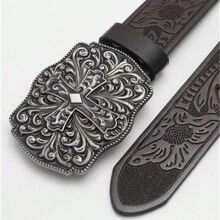 Cinturón vintage de estilo vaquero y occidental para hombre, con hebilla cuadrada grande y lisa de 3.7 cm de ancho con diseño de patrón de cruz