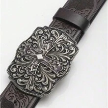 Cinturón vintage de estilo vaquero y occidental para hombre, con hebilla cuadrada grande y lisa de 3.7 cm de ancho con diseño de patrón de cruz