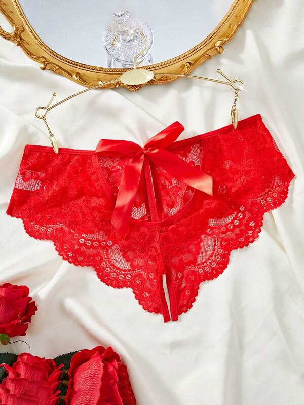 1 pieza Tanga rojo de encaje sexy con lazo, lencería íntima para el Día de San Valentín, Navidad, dormitorio, discoteca para salir