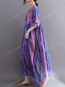 Plus Size Light Dress,2025 Summer Elegant Women's Dress, Plus-Size Women's Dress, Traditional Dress, Purple Striped Print Sleeved Round Neck Swing Dress, Summer Casual Holiday Style Everyday Wear,