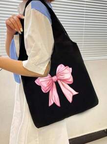 Bolso de hombro de lona con estampado de lazo, estilo Y2K, bolso de tela con estampado negro y bolsa negra - Negro - Ver 2