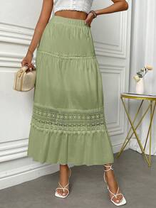 Fresh Viscose Skirt With Em Lese Details - Olive Green - View 4