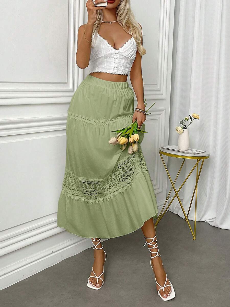 Fresh Viscose Skirt With Em Lese Details - Olive Green - View 1