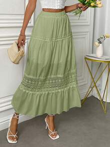 Fresh Viscose Skirt With Em Lese Details - Olive Green - View 3