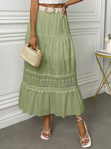 Fresh Viscose Skirt With Em Lese Details - Olive Green - View 5