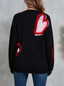 Women's Heart Print Sweaters Long Sleeve Round Neck Oversized Pullover Spring Fall Tops