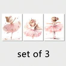 3pcs/Set Charming Ballerina Watercolor Set - Pink Tutu Girl, Unicorn & Graceful Pose Prints For Nursery Or Ballet Studio Decor, Canvas Art, No Frame