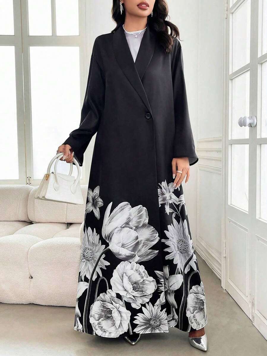Damen Locker sitzende Robe mit Blume Muster, Langarm, Bodenlanges Luxus Abaya - Schwarz - Übersicht 1