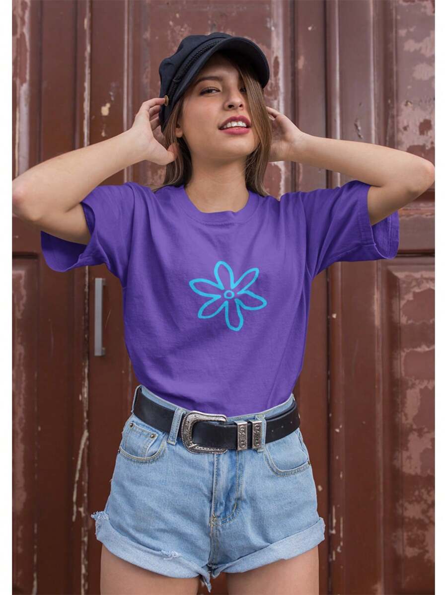 Women's Streetwear T-Shirt 100% Cotton 30.1 Thread Comfort Style Minimalist Daisy Floral Print Light - 紫色 - 查看 1