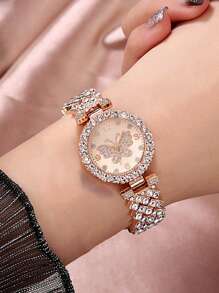 2pcs/Set Women's Rose Gold Stainless Steel Rhinestone Decorated Butterfly & Round Shaped Dial Quartz Watch And Alloy Bracelet, Suitable For Daily Wear Holiday