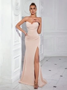ADYCE Elegant Sweetheart Neck Ruched Front High Slit Waisted Backless Cocktail Party Evening Bodycon Long Prom Dress, Formal Gown, For Wedding Guest, Graduation, Dinner Elegant Wedding Guest Dress Women - Apricot - View 3