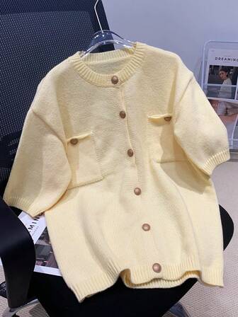 女士简约休闲纯色短袖圆领纽扣口袋针织毛衣开衫