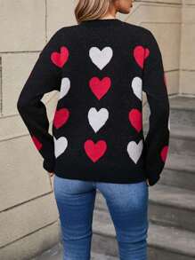 Women Knit Sweater Heart Pattern Long Sleeve Round Neck Pullovers Spring Casual Jumpers Tops - Black - View 7