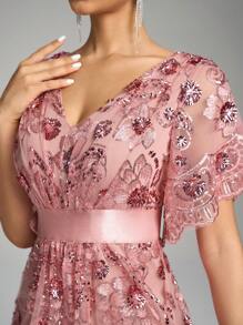 SUPGIR Elegant Long V Neck Ruffle Sleeve Sequin Floral Embroidery Evening Gown Party Dress Wedding Guest Dress Formal Dress Evening Dress - 藕粉色 - 查看 7