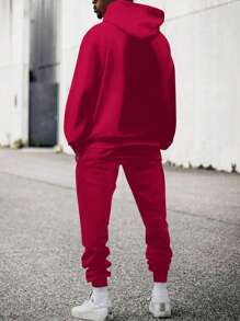 休闲男士两件套服装，新款春秋季印花图案健身慢跑透气运动服，适合旅行、户外、露营 - 紅色 - 查看 2