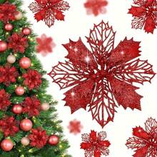 2st/6st/10st Glitterjulstjärnor konstgjorda blommor, flerfärgade ihåliga glitterjulstjärnor julgransprydnader (med clips), juldekorationer, jultillbehör, julgran, krans, glänsande julstjärna juldekorationer, DIY julkrans, festdekoration, jul - Röd - Visa 3