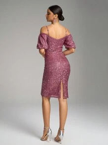 Fuaheng 细肩带短袖奢华亮片紧身派对礼服，收腰设计，婚礼宾客鸡尾酒会礼服 - 粉色 - 查看 3