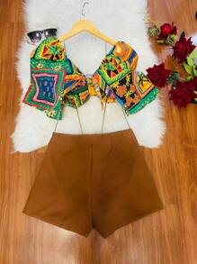 RAW CLOTHING One Size Shirt Set That Ties At The Back With Elastane And Print, Shorts With Zipper And No Pocket - 棕色 - 查看 2