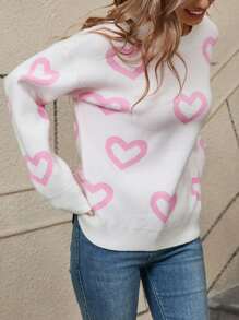 Women's Heart Pattern Sweaters Long Sleeve Round Neck Loose Fit Pullover Fall Winter Tops - White - View 7