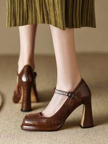 Zapatos De Tacón Mary Jane Marrones con Tacón Grueso Y Plataforma En De Pu Para Mujeres adecuados para viajes y trabajo. - Marrón - Ver 3