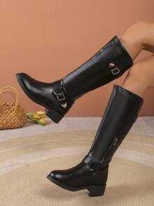 Autumn/Winter New Fashion Women's Thick-Sole Chunky Heel Boots, Buckle Detail Above-Knee Boots, Black High Boots